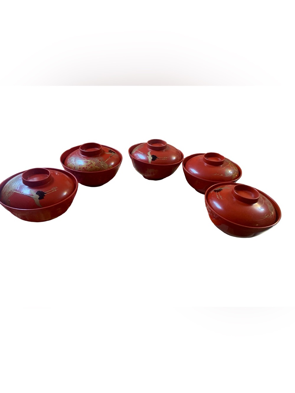 Vintage Japanese Lacquer Bowls With Lids Set of 5 Red Gold Soup Rice